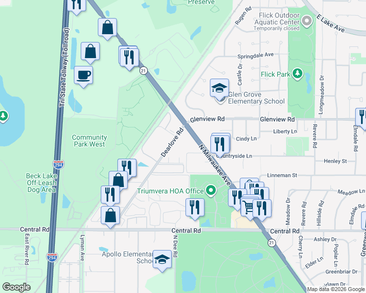 map of restaurants, bars, coffee shops, grocery stores, and more near in Glenview