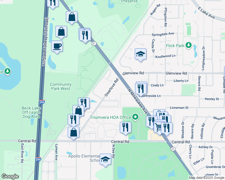 map of restaurants, bars, coffee shops, grocery stores, and more near in Glenview