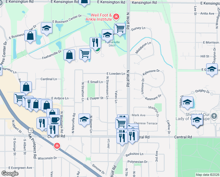 map of restaurants, bars, coffee shops, grocery stores, and more near 215 North Stevenson Lane in Mount Prospect