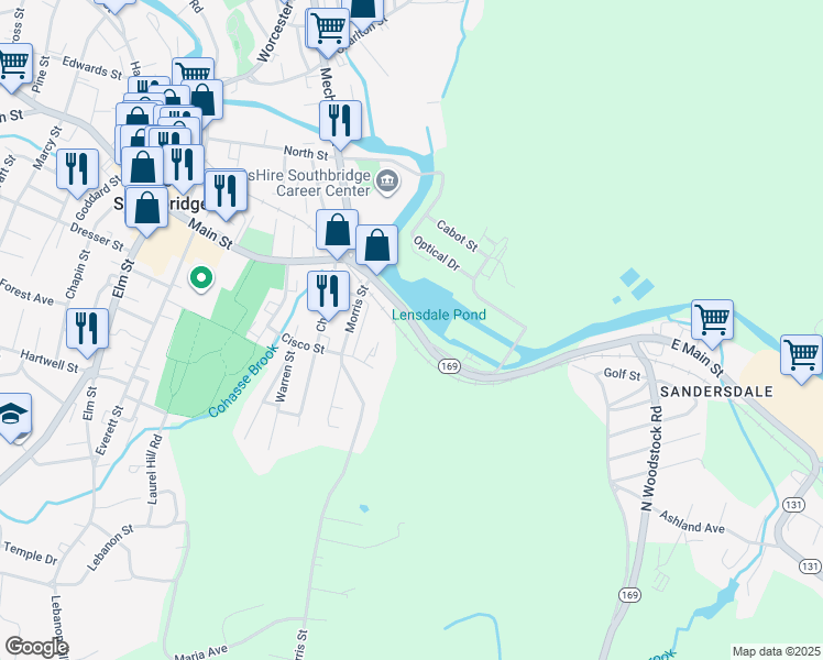 map of restaurants, bars, coffee shops, grocery stores, and more near 102 East Main Street in Southbridge