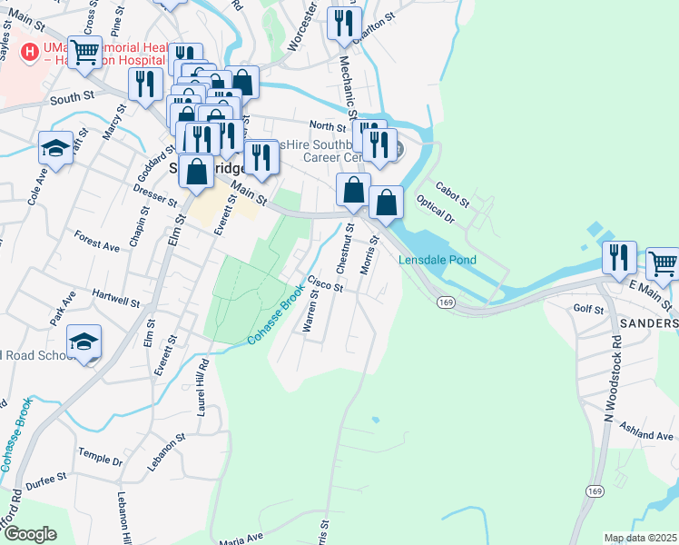 map of restaurants, bars, coffee shops, grocery stores, and more near 74 Chestnut Street in Southbridge