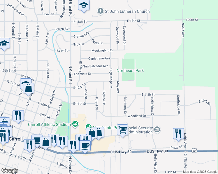 map of restaurants, bars, coffee shops, grocery stores, and more near 805 East 12th Street in Carroll