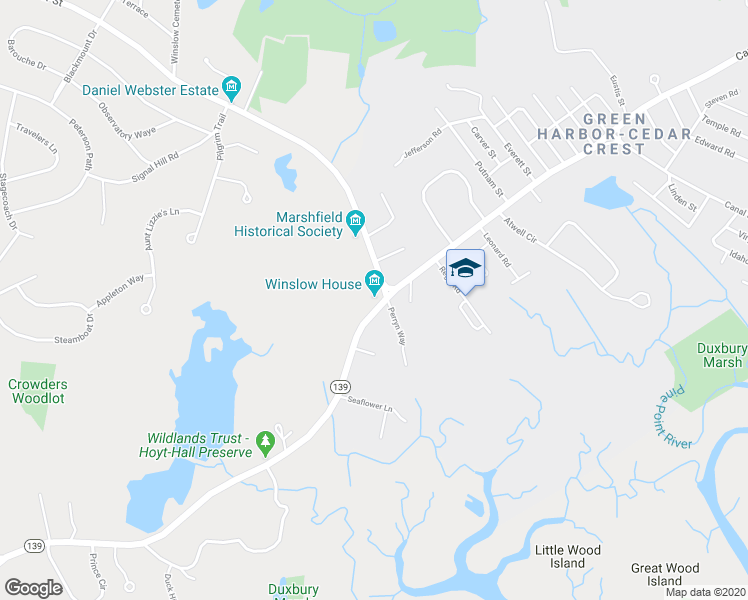 map of restaurants, bars, coffee shops, grocery stores, and more near 634 Careswell Street in Marshfield