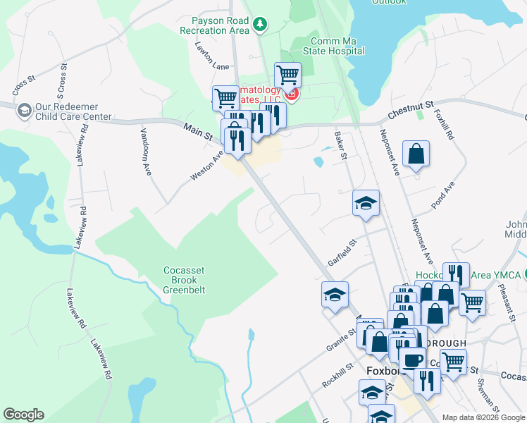 map of restaurants, bars, coffee shops, grocery stores, and more near 96 Main Street in Foxboro