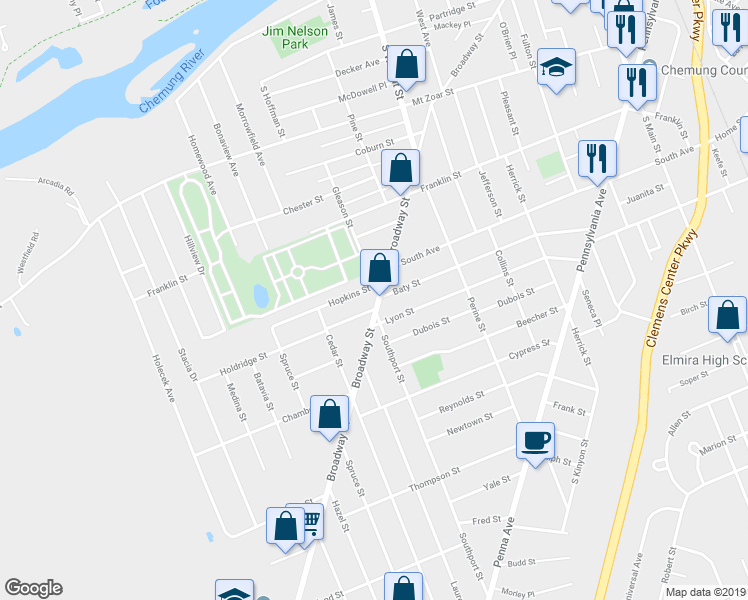 map of restaurants, bars, coffee shops, grocery stores, and more near 604 Broadway Street in Elmira