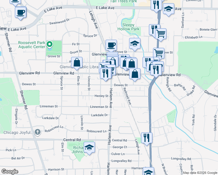 map of restaurants, bars, coffee shops, grocery stores, and more near 926 Harlem Avenue in Glenview