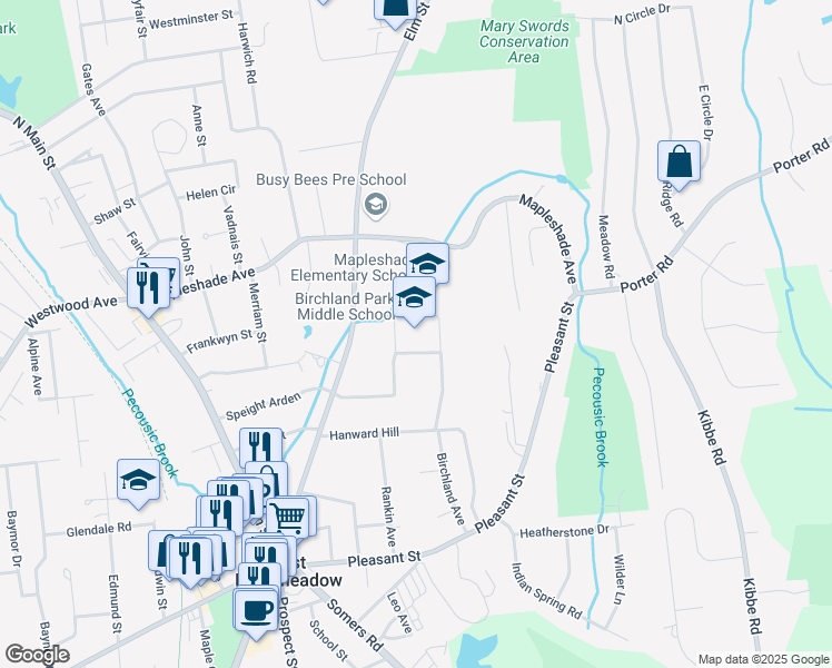 map of restaurants, bars, coffee shops, grocery stores, and more near 50 Hanward Hill in East Longmeadow