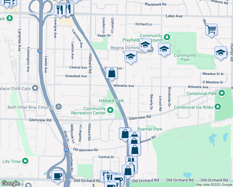 map of restaurants, bars, coffee shops, grocery stores, and more near 444 Skokie Boulevard in Wilmette
