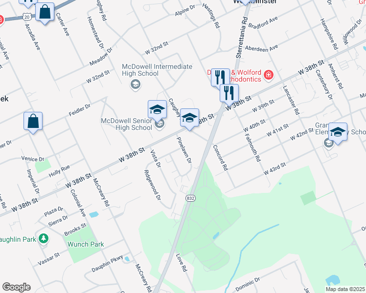 map of restaurants, bars, coffee shops, grocery stores, and more near 3601 Bellaire Drive in Erie