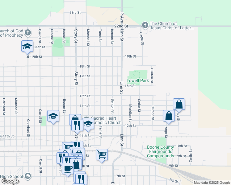 map of restaurants, bars, coffee shops, grocery stores, and more near 1528 Benton Street in Boone