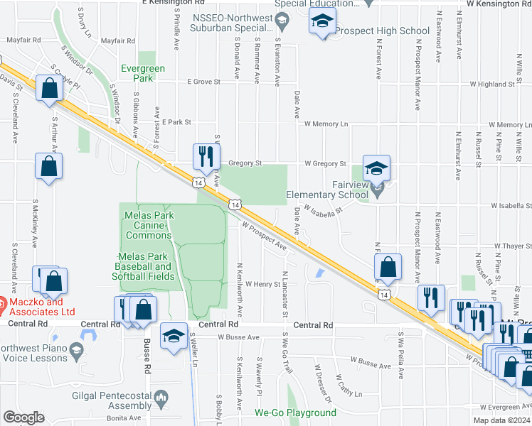 map of restaurants, bars, coffee shops, grocery stores, and more near 1401 Gregory in Mount Prospect