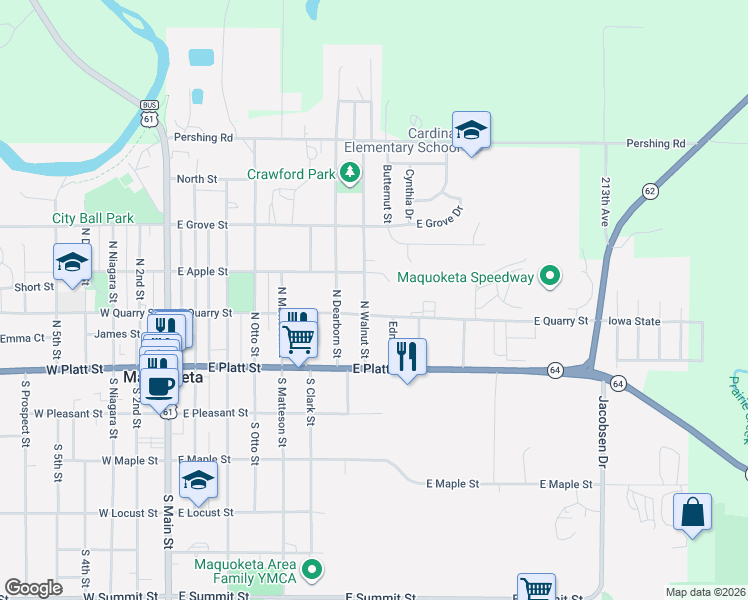 map of restaurants, bars, coffee shops, grocery stores, and more near 213-299 North Walnut Street in Maquoketa