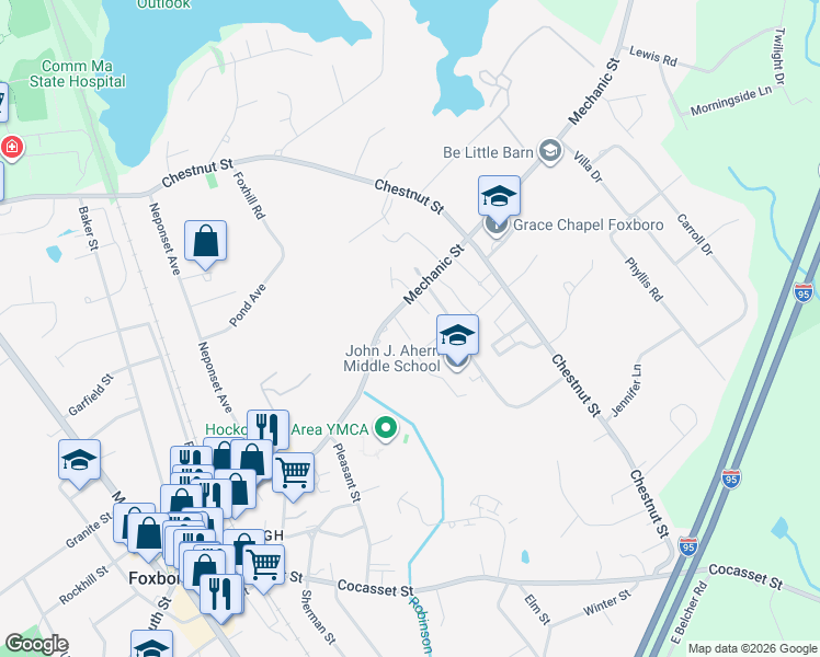 map of restaurants, bars, coffee shops, grocery stores, and more near 88 Mechanic Street in Foxborough