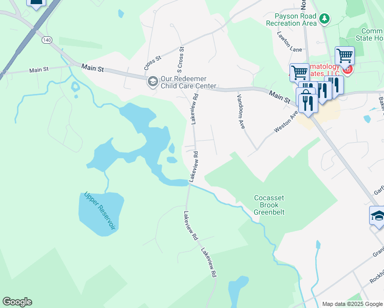 map of restaurants, bars, coffee shops, grocery stores, and more near 27A Lakeview Road in Foxborough