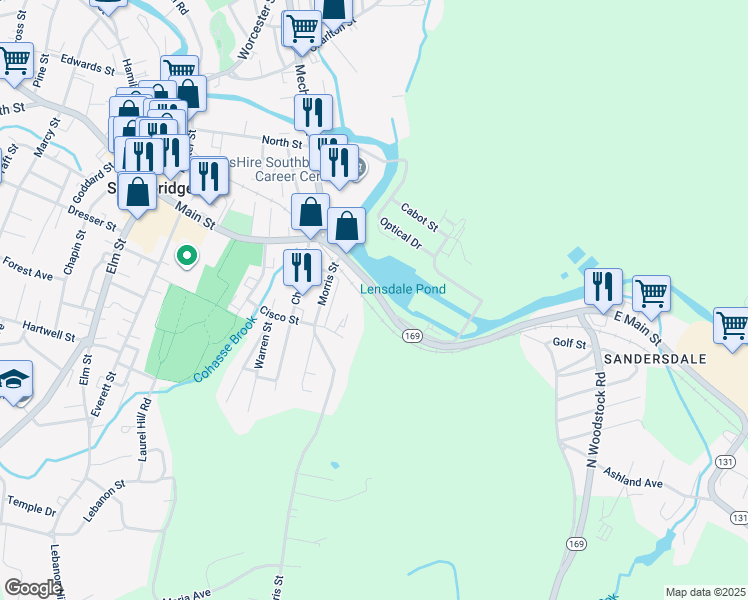 map of restaurants, bars, coffee shops, grocery stores, and more near 66 Main Street in Southbridge