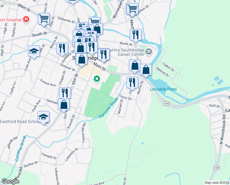 map of restaurants, bars, coffee shops, grocery stores, and more near 113 Massachusetts 131 in Southbridge