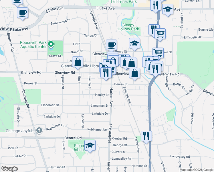 map of restaurants, bars, coffee shops, grocery stores, and more near 956 Harlem Avenue in Glenview