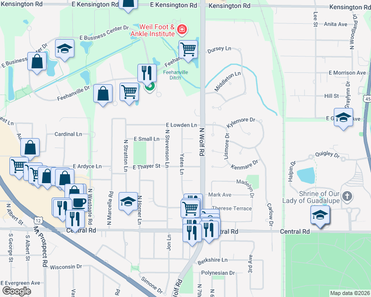 map of restaurants, bars, coffee shops, grocery stores, and more near 1511 Jeffrey Drive in Mount Prospect