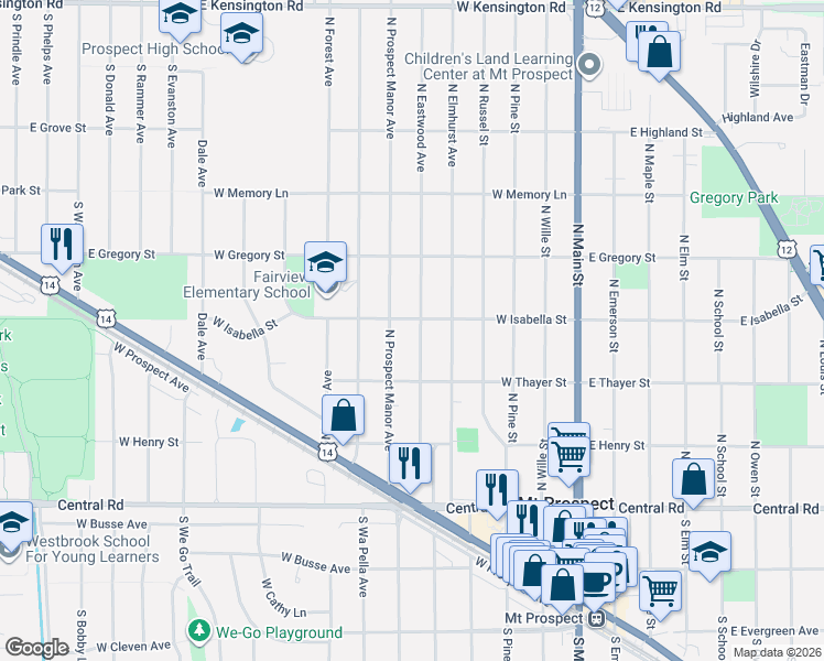 map of restaurants, bars, coffee shops, grocery stores, and more near 300 North Eastwood Avenue in Mount Prospect