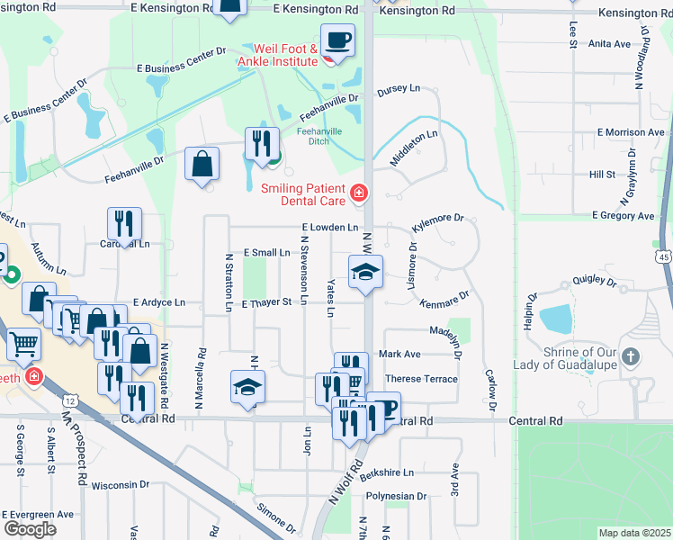 map of restaurants, bars, coffee shops, grocery stores, and more near 1511 Jeffrey Drive in Mount Prospect