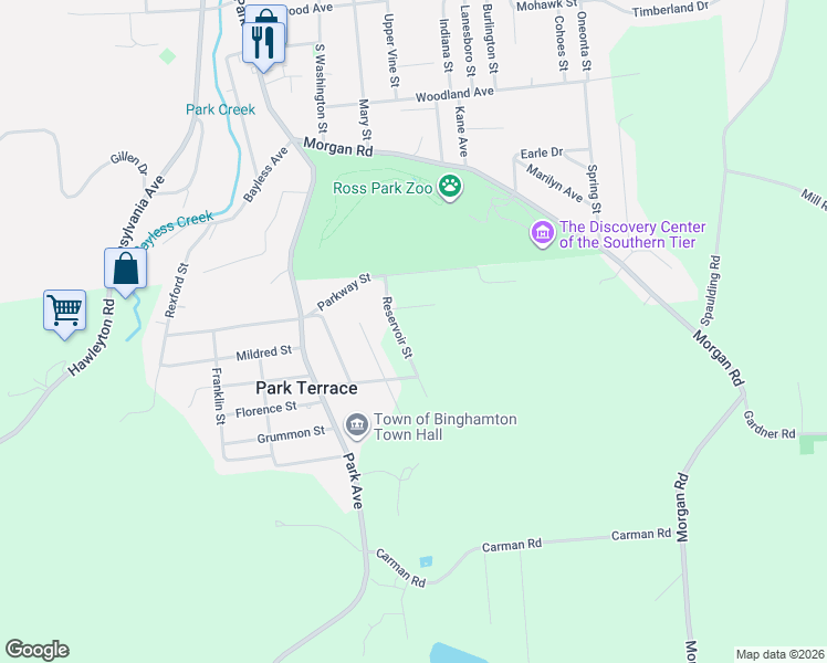 map of restaurants, bars, coffee shops, grocery stores, and more near 3570 Grandview St in Binghamton