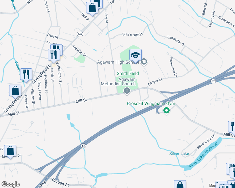 map of restaurants, bars, coffee shops, grocery stores, and more near 479 Mill Street in Agawam