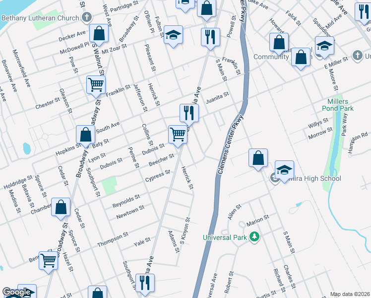 map of restaurants, bars, coffee shops, grocery stores, and more near 714 Kinyon Street in Elmira