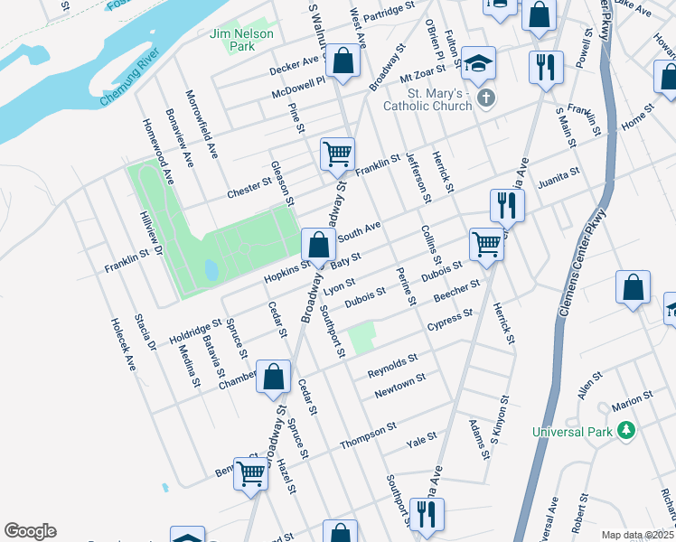 map of restaurants, bars, coffee shops, grocery stores, and more near 581 Baty Street in Elmira
