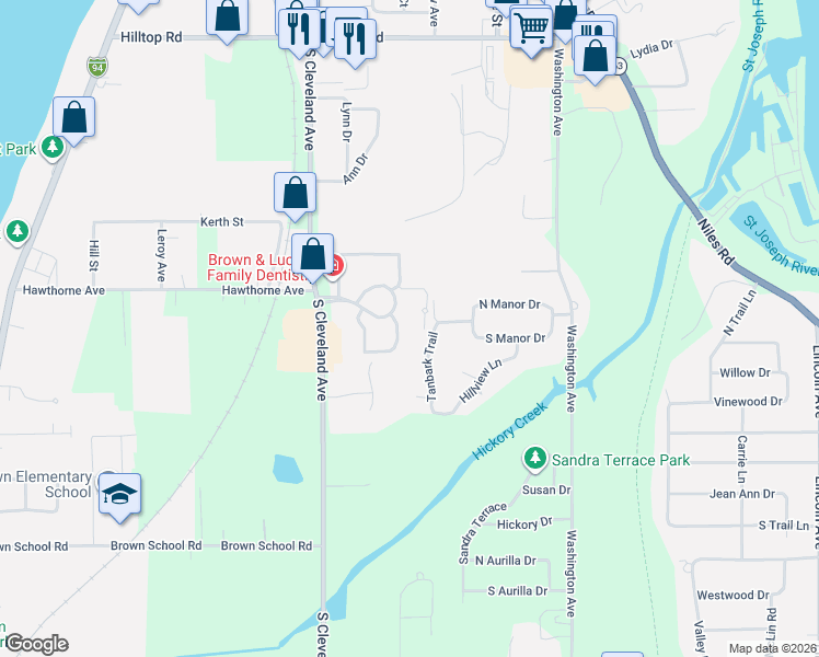 map of restaurants, bars, coffee shops, grocery stores, and more near 2543 Bristol Terrace in St. Joseph