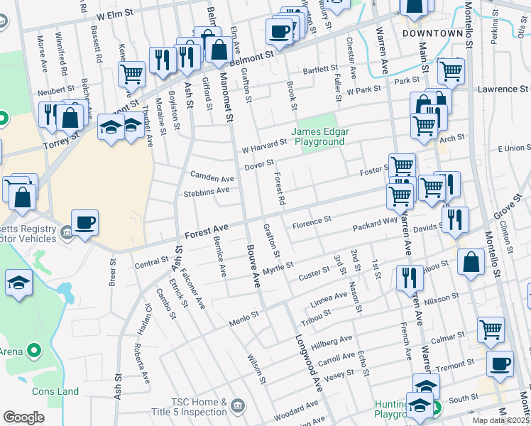 map of restaurants, bars, coffee shops, grocery stores, and more near 233 Forest Avenue in Brockton