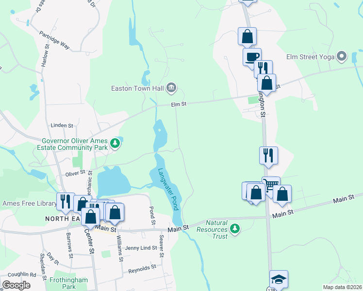 map of restaurants, bars, coffee shops, grocery stores, and more near 135 Elm Street in Easton