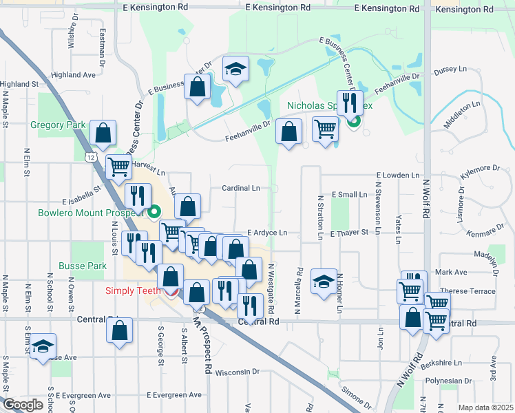 map of restaurants, bars, coffee shops, grocery stores, and more near 280 North Westgate Road in Mount Prospect