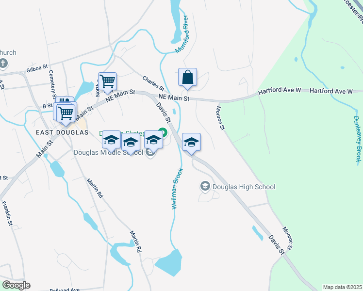 map of restaurants, bars, coffee shops, grocery stores, and more near 21 Davis Street in Douglas