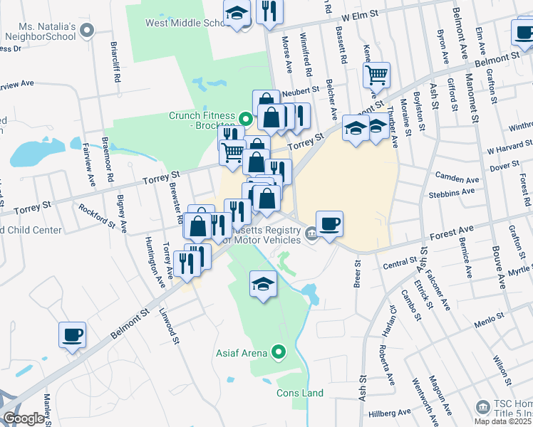 map of restaurants, bars, coffee shops, grocery stores, and more near 632 Belmont Street in Brockton