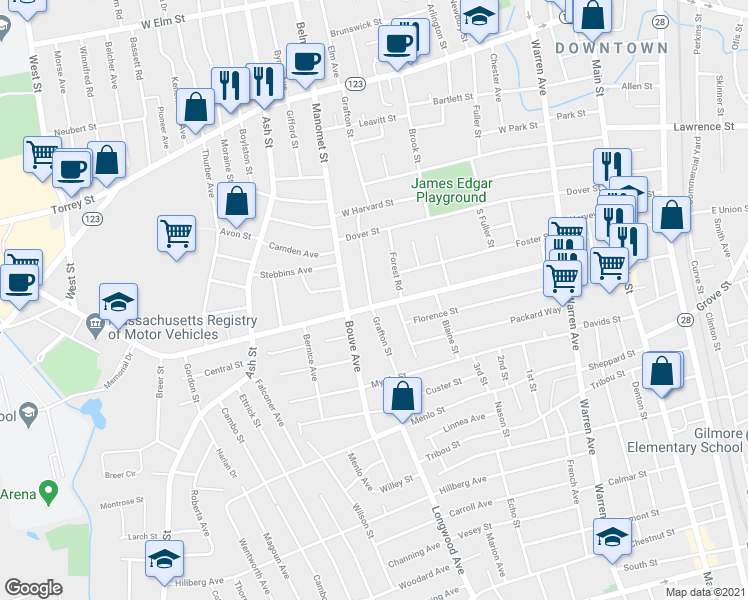 map of restaurants, bars, coffee shops, grocery stores, and more near 182 Grafton Street in Brockton