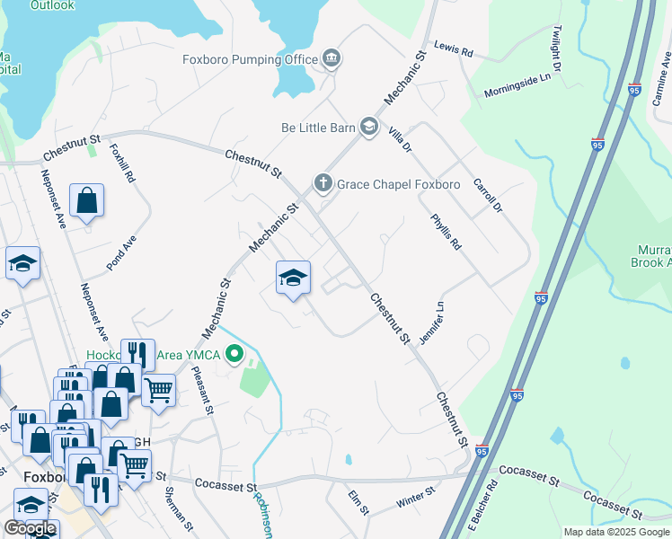 map of restaurants, bars, coffee shops, grocery stores, and more near 136 Chestnut Street in Foxborough