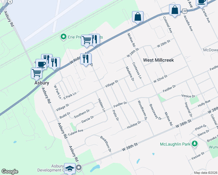 map of restaurants, bars, coffee shops, grocery stores, and more near 4402 Village Street in Erie