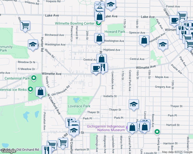 map of restaurants, bars, coffee shops, grocery stores, and more near in Wilmette