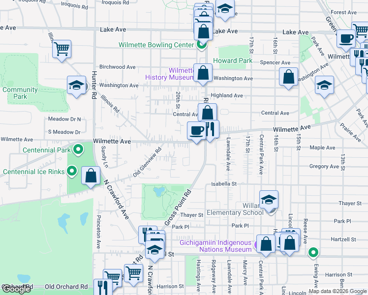 map of restaurants, bars, coffee shops, grocery stores, and more near 412 Pine Manor Drive in Wilmette