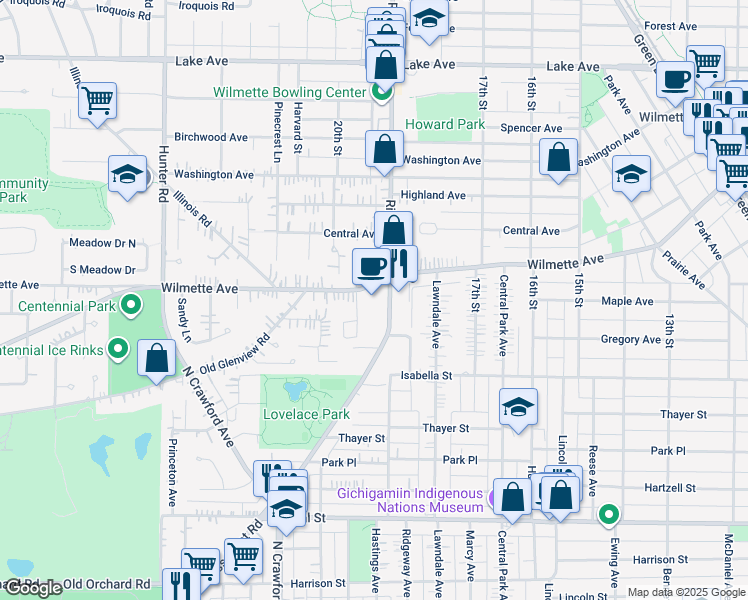 map of restaurants, bars, coffee shops, grocery stores, and more near 335 Ridge Road in Wilmette