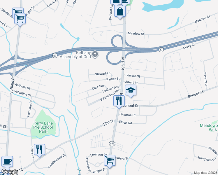 map of restaurants, bars, coffee shops, grocery stores, and more near 37 Parker Street in Agawam