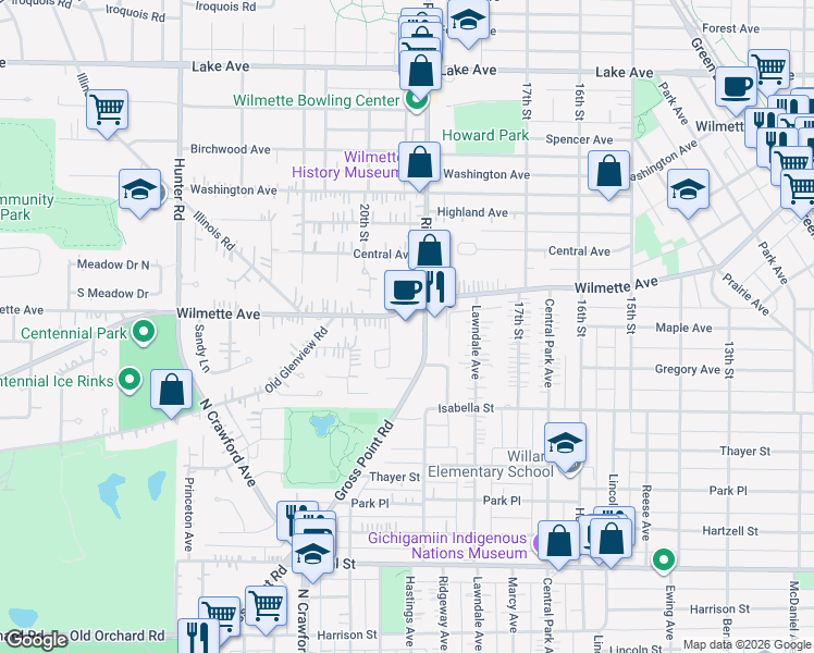 map of restaurants, bars, coffee shops, grocery stores, and more near 335 Ridge Road in Wilmette