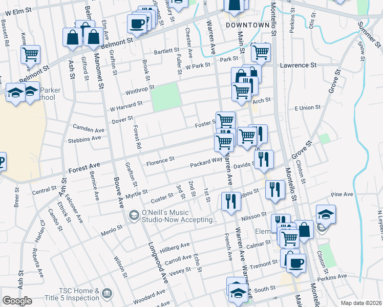 map of restaurants, bars, coffee shops, grocery stores, and more near 117 Florence Street in Brockton