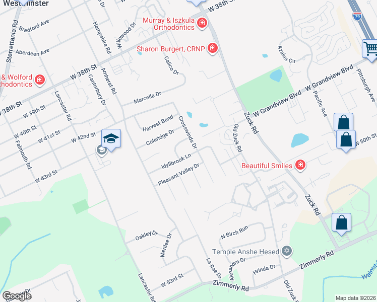 map of restaurants, bars, coffee shops, grocery stores, and more near 4517 Crosswinds Drive in Erie
