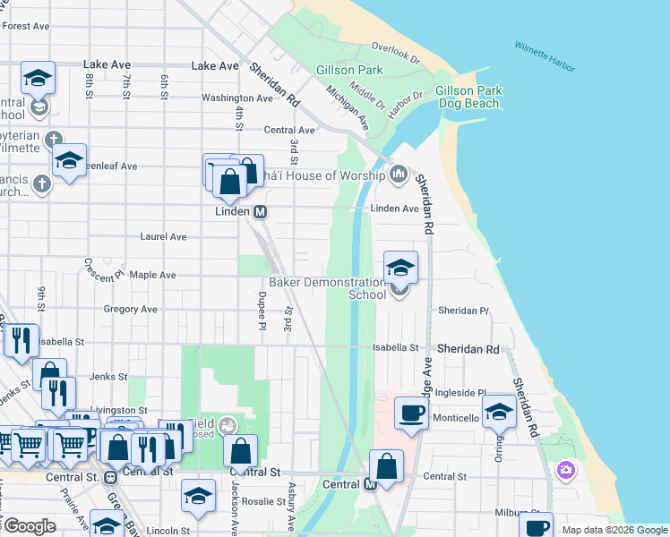 map of restaurants, bars, coffee shops, grocery stores, and more near 300 Maple Avenue in Wilmette