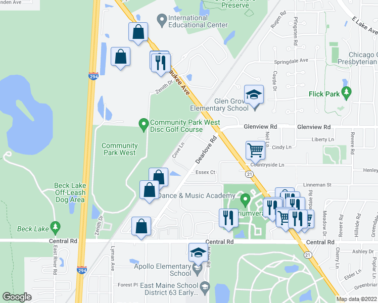 map of restaurants, bars, coffee shops, grocery stores, and more near 4144 Cove Lane in Glenview