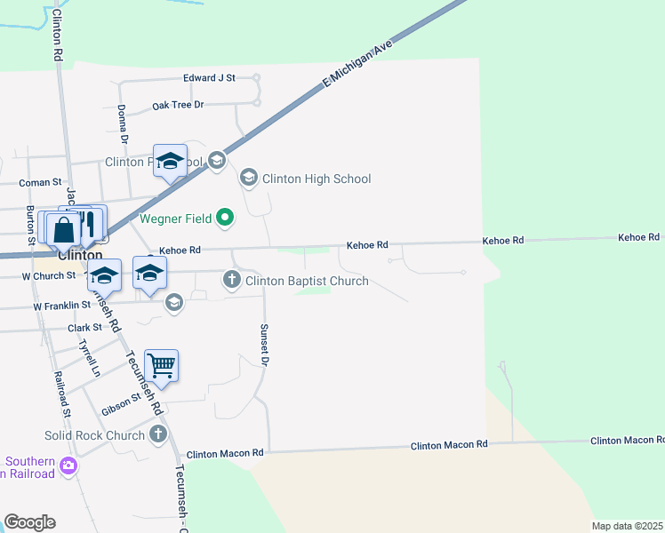 map of restaurants, bars, coffee shops, grocery stores, and more near 102 Calhoun Drive in Clinton