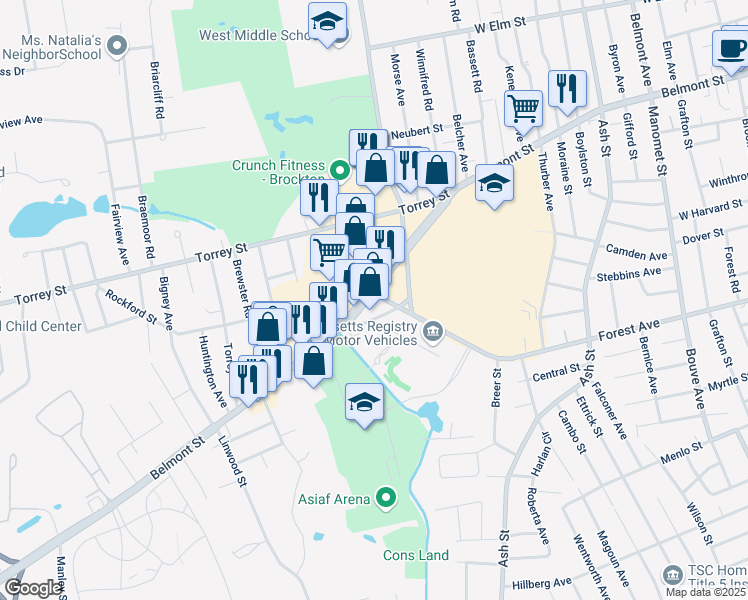 map of restaurants, bars, coffee shops, grocery stores, and more near 632 Belmont Street in Brockton