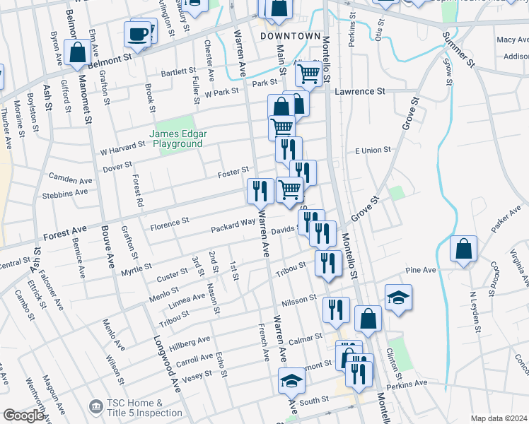 map of restaurants, bars, coffee shops, grocery stores, and more near 40 Florence Street in Brockton