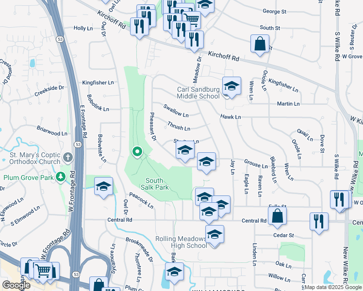 map of restaurants, bars, coffee shops, grocery stores, and more near 3007 Starling Lane in Rolling Meadows